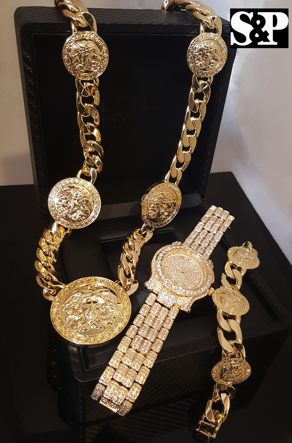 Men Iced Watch & Medusa Head Medallion Cuban Necklace & Bracelet Combo Set