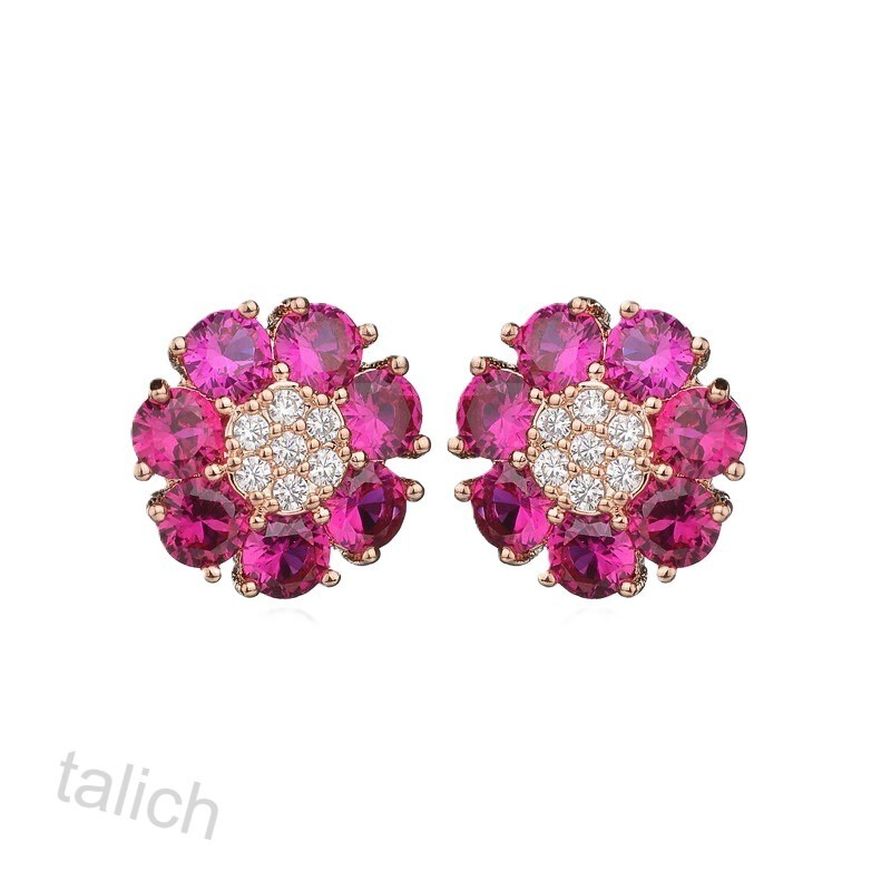 Rose Gold Plated Beautiful Hot Pink Fuchsia Flower Stud Earrings Clear CZ Center