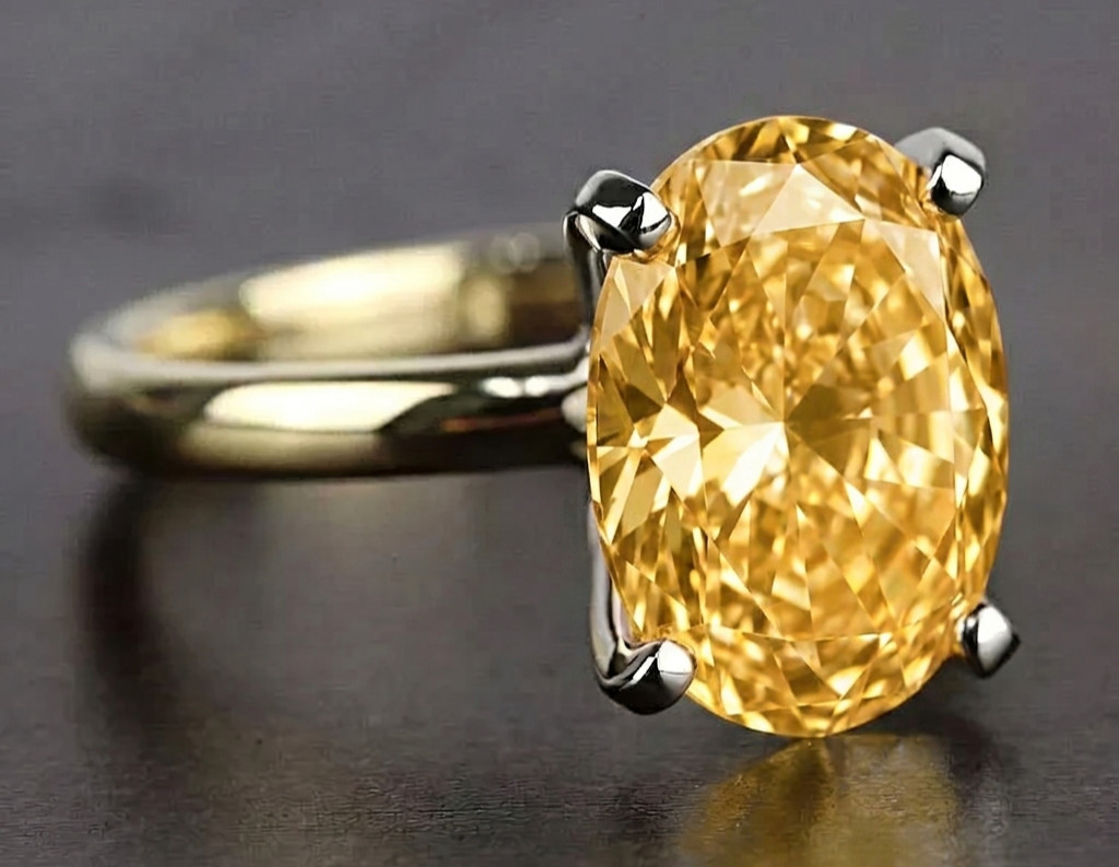 8.00 Ct Certified Oval Shape Natural Yellow Diamond Ring VVS1 Yellow Gold Finish
