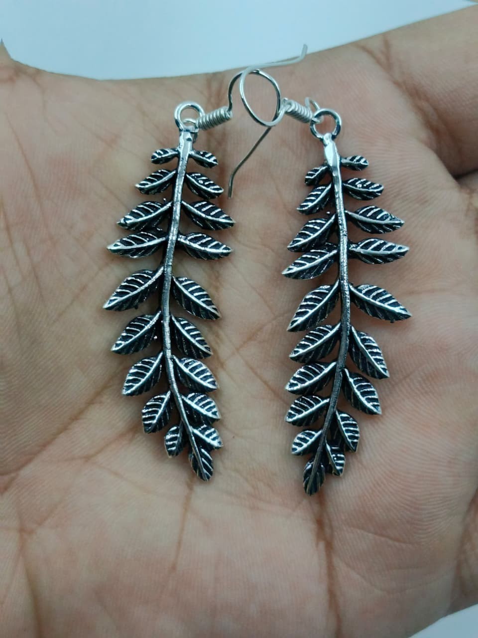 Silver Leaf Branch Dangle Earrings Botanical Nature Boho Drop Hook Jewelry Women