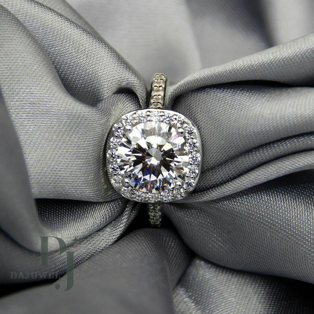 Moissanite Halo Engagement Ring 2.50 CT Round Brilliant Cut Solid 14K White Gold