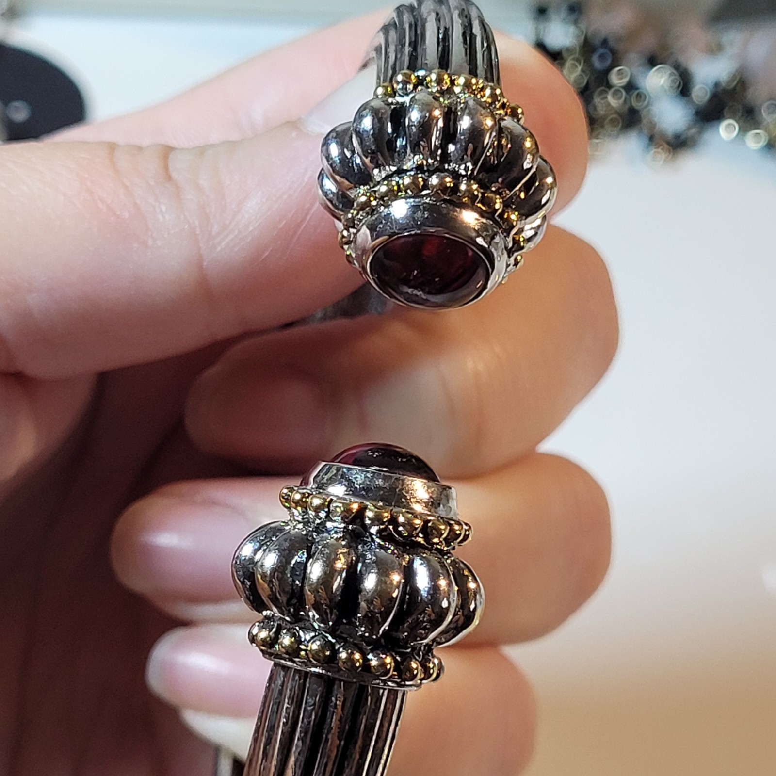 Vintage Heavy Silver And Gold Hinged Bangle Bracelet With Dark Burgundy Stones