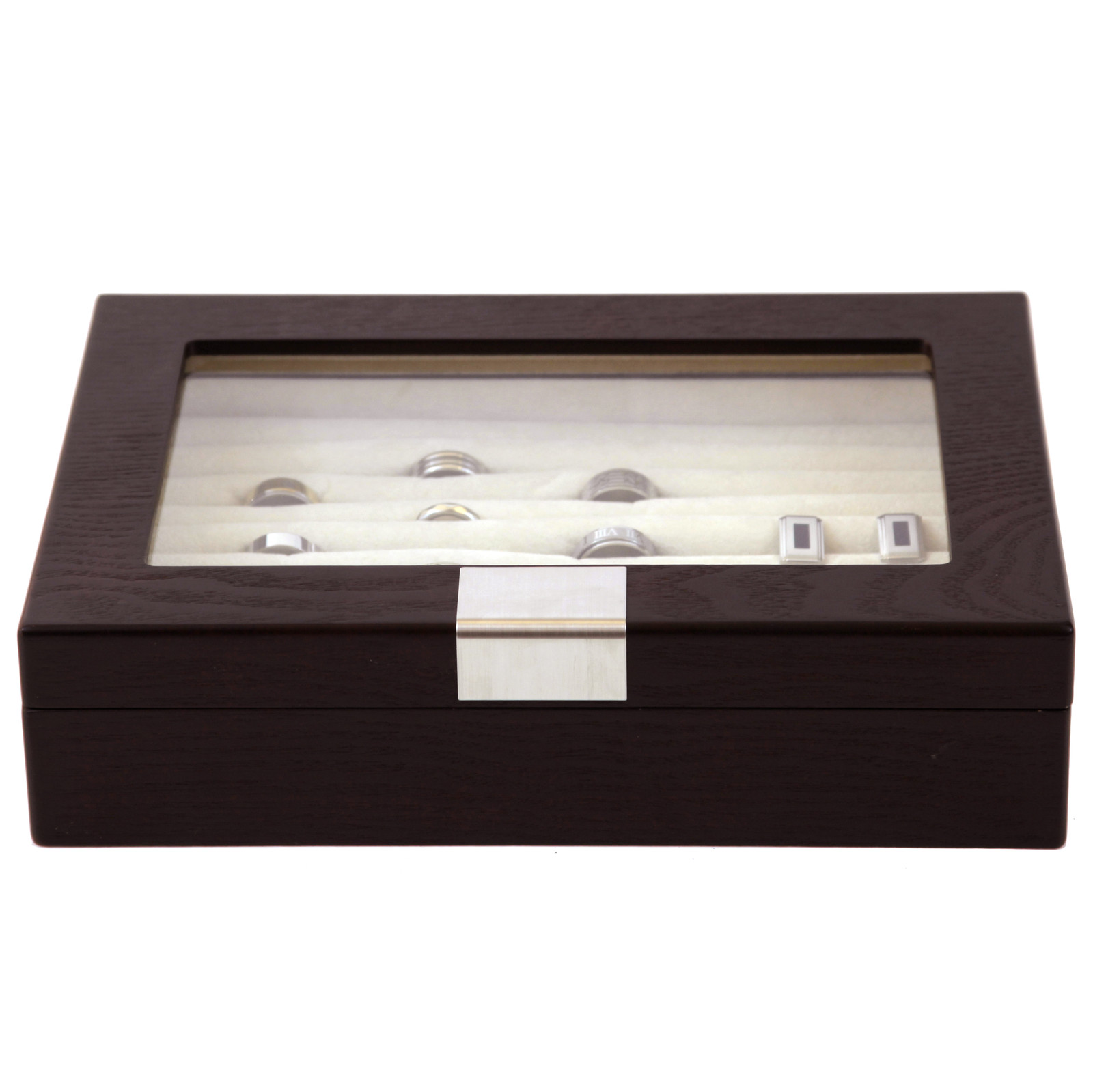 Ring Cufflink Box Storage Brown Wood Grain Finish Glass Window