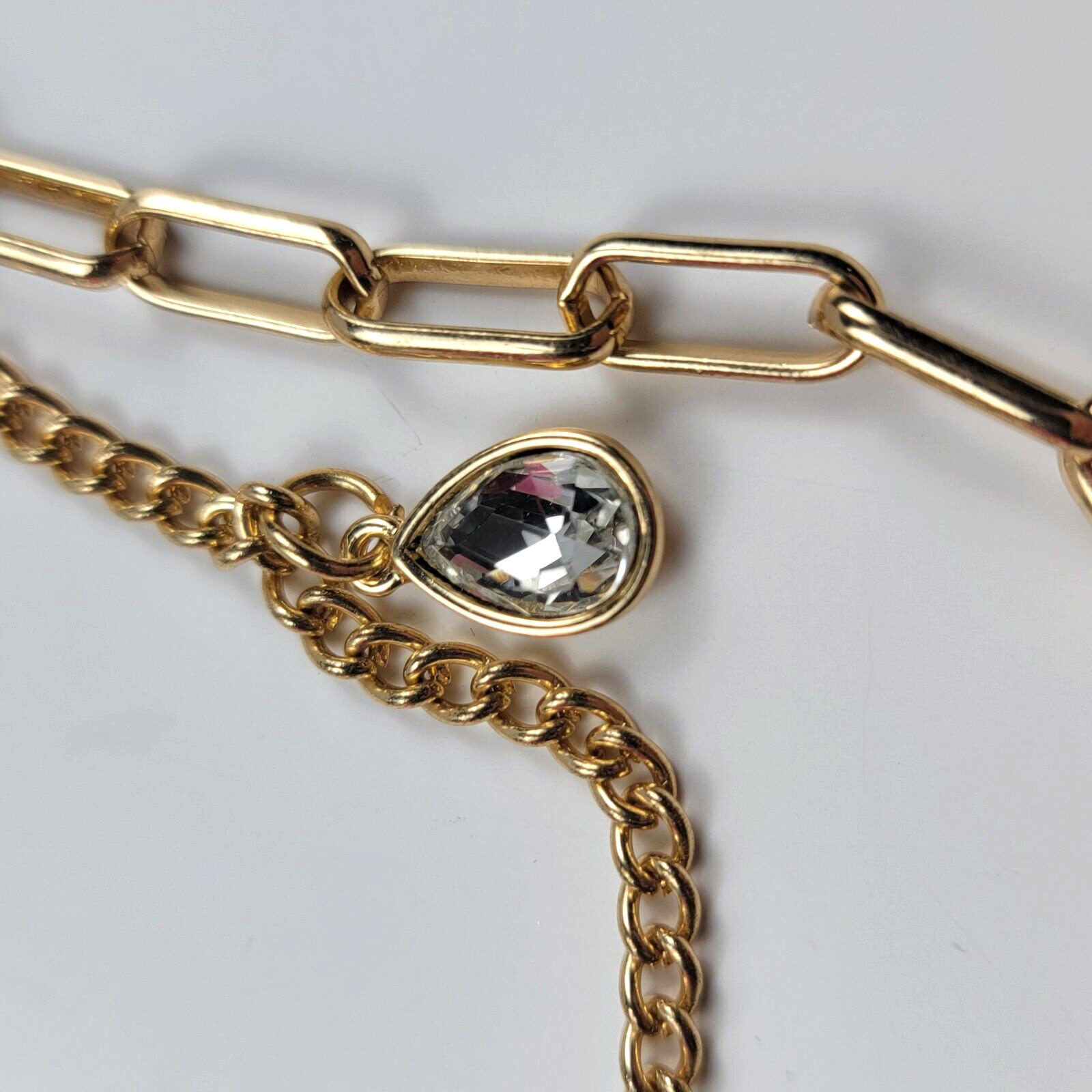 Modernist Gold Tone Clear Crystal Double Chain Multi Charm Necklace 20.5 In Adj.