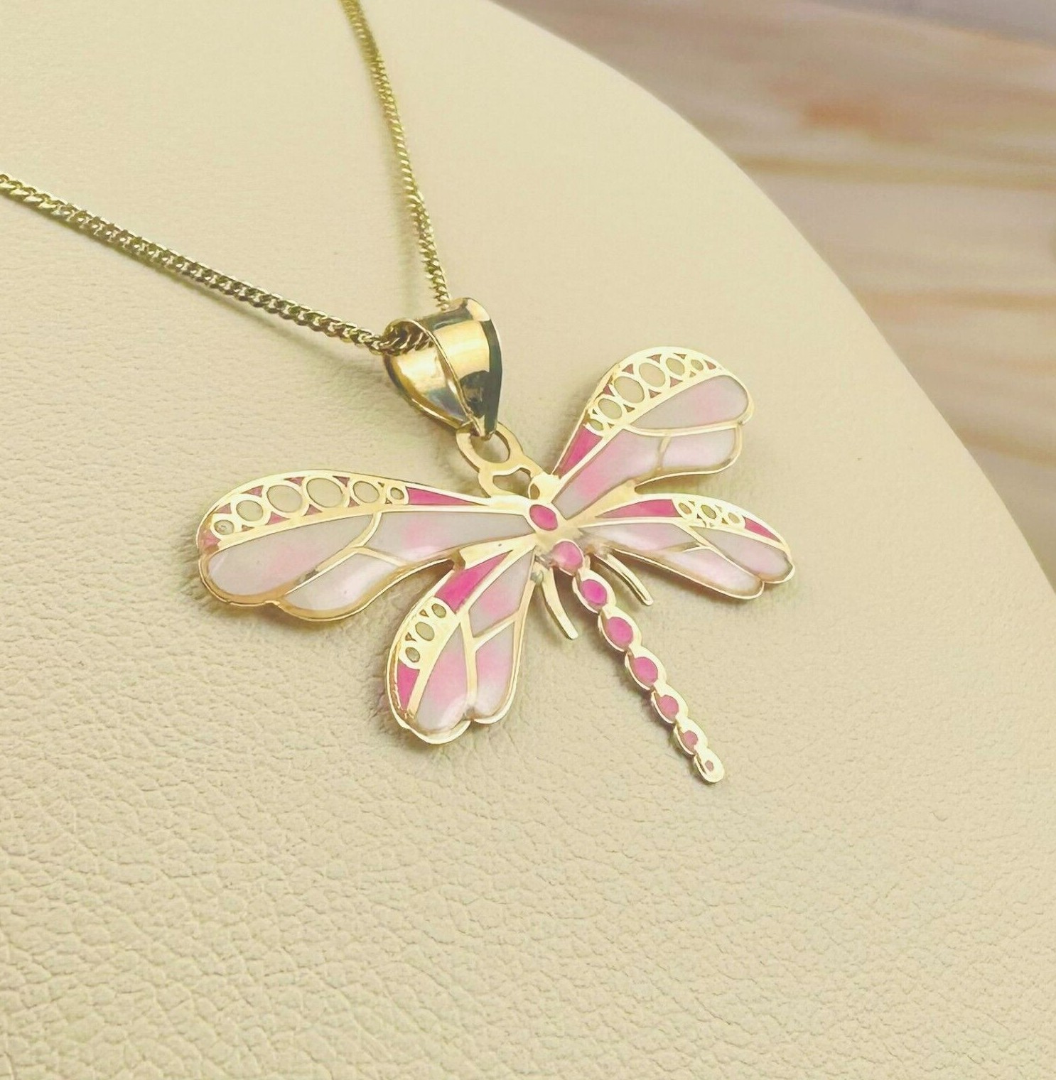 14K Solid Gold Pink Dragonfly Pendant Insect, Animal Necklace Hand-Painted Italy