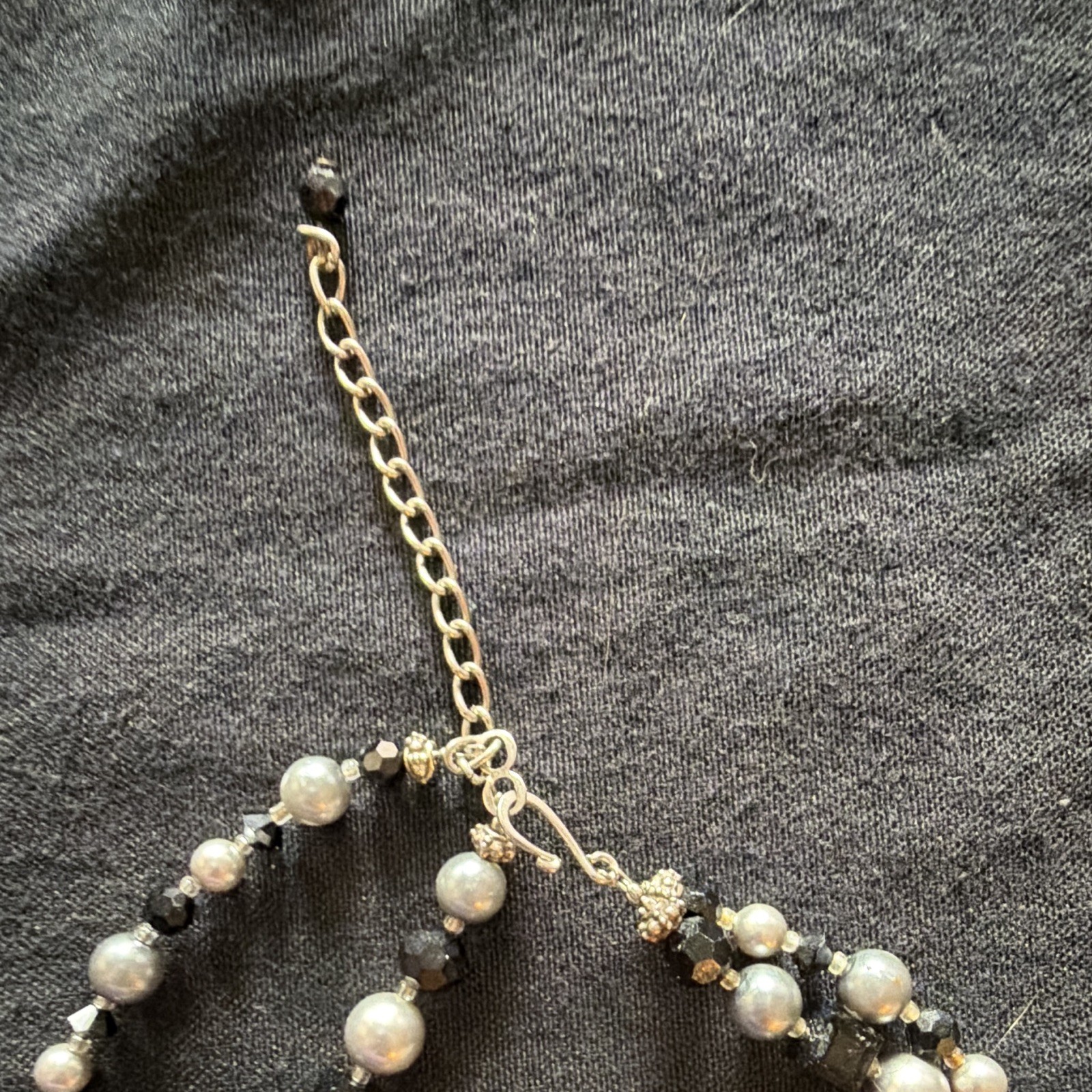 White Faux Pearl Round Beaded Necklace, Black/White Beads, Crystal, Extender