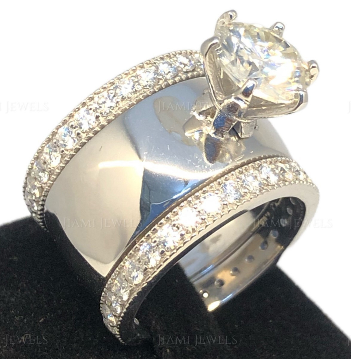 5Ct GRA Moissanite Bridal Trio Ring Set Wide Band 925 Silver White Gold Finish