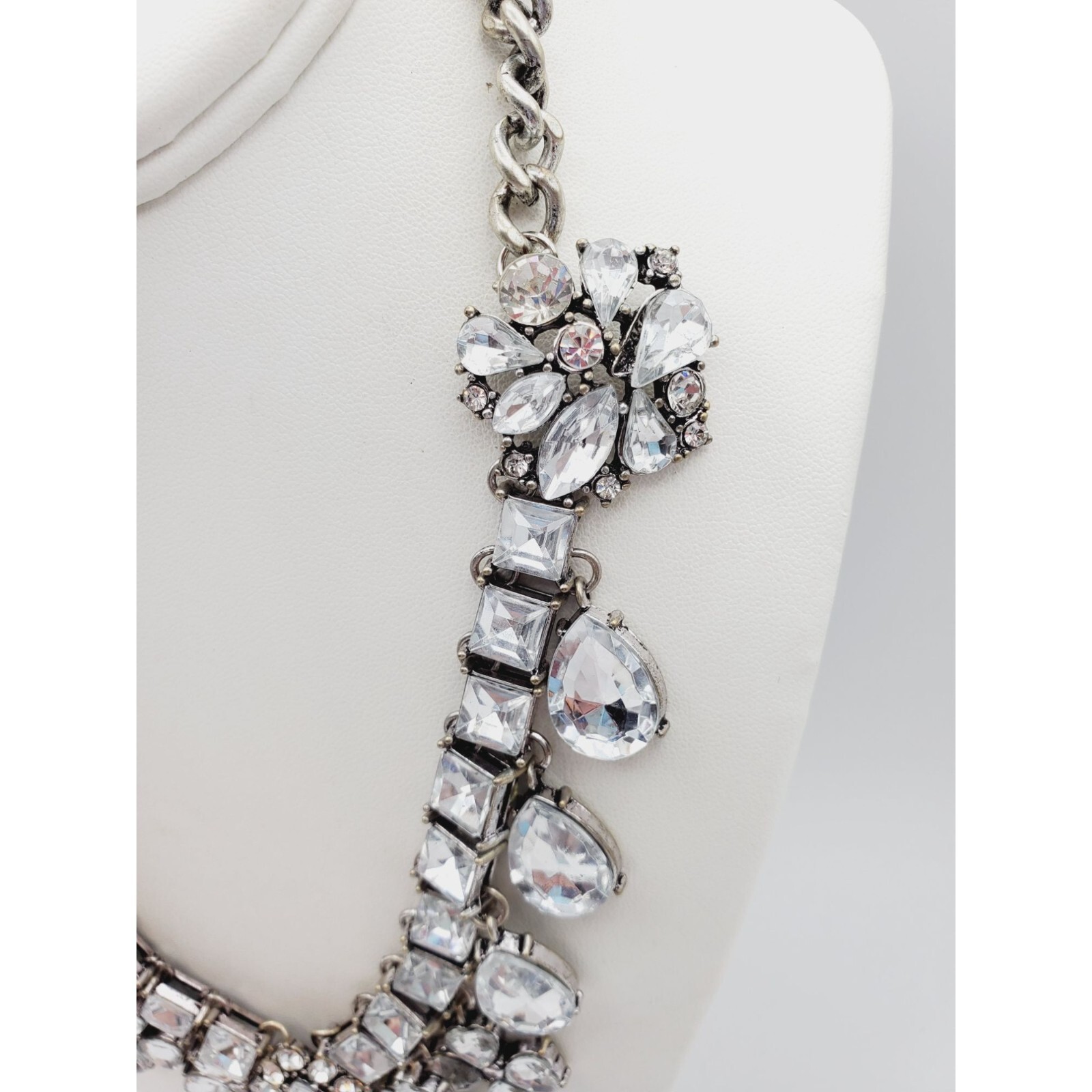Statement silver tone Rhinestone flower square tear drop pear Necklace 18″