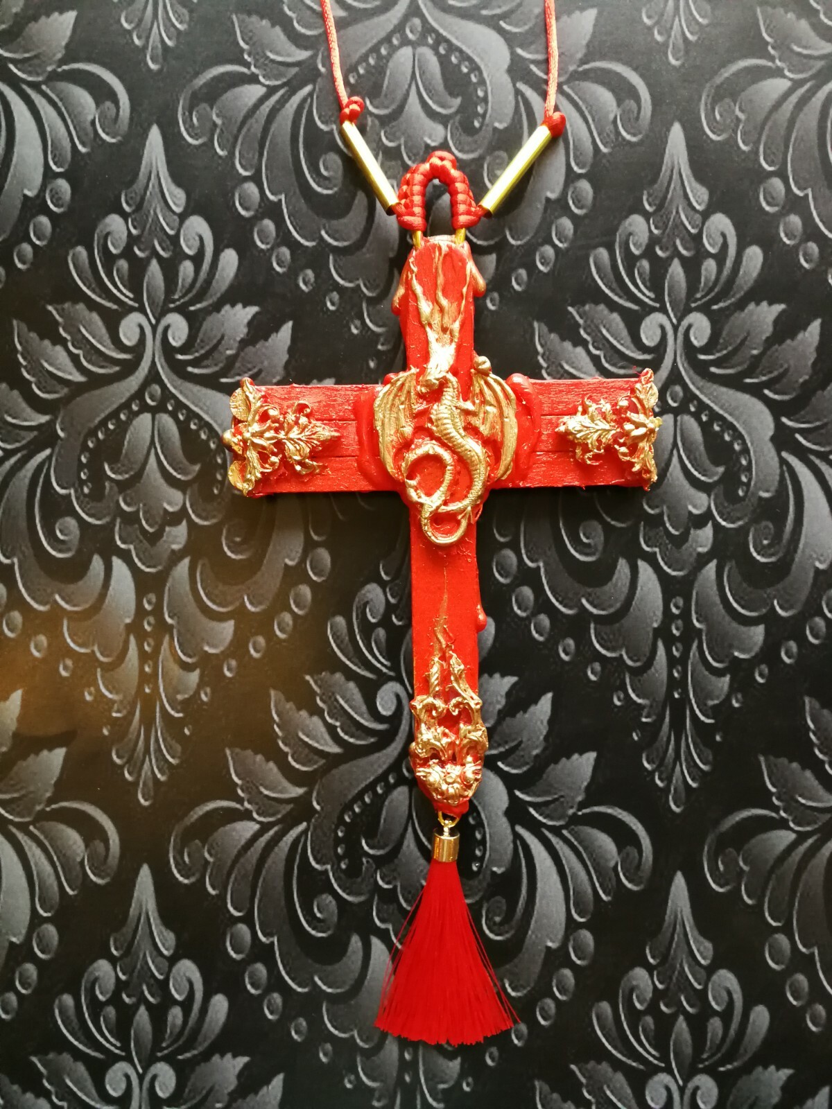 red dragon rouge cross crucifix wood witch pendant magical talisman pagan gothic