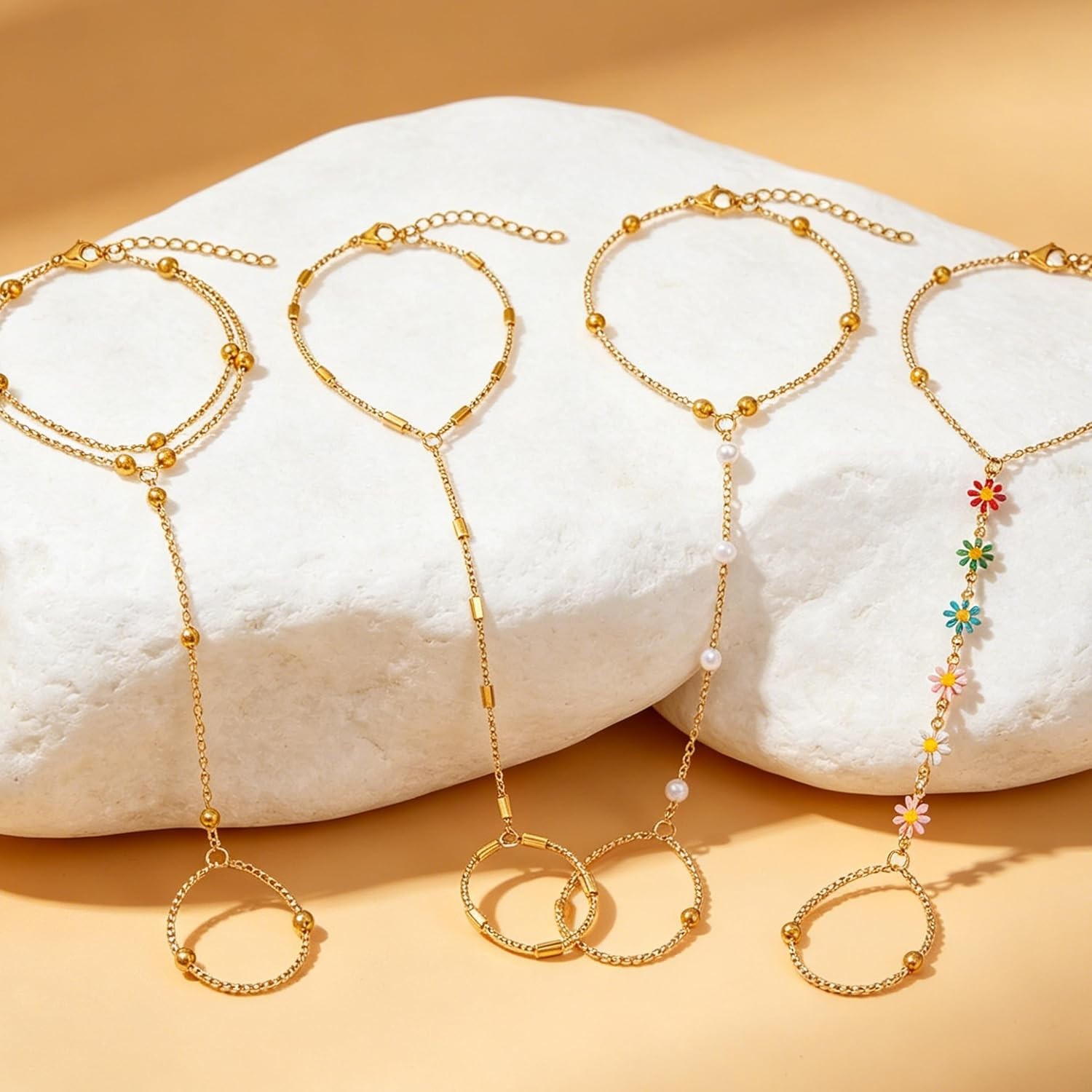 Versatile Set of 7 Adjustable 14K Gold Plated Hand Chain Bracelets for Women