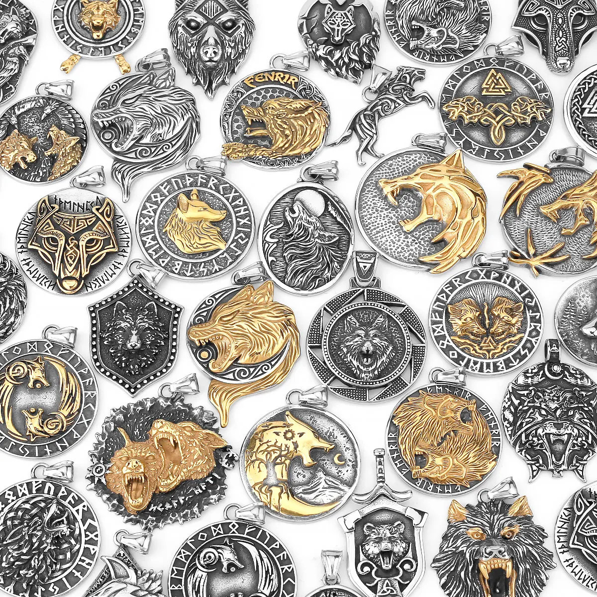316L Stainless Steel Jewelry Vintage Viking Wolf Head Pendant Necklace Norse Vi