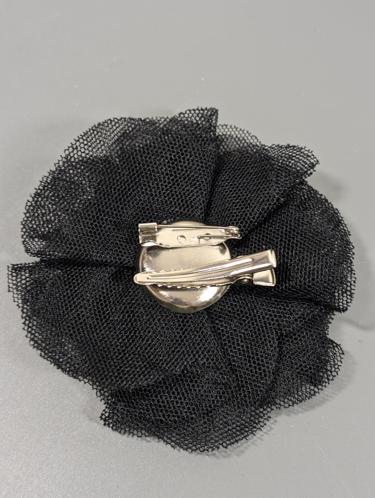 Vintage 90s Y2K Retro Black Lace Rosette Flower Chiffon Faux Pearl Pin Fabric