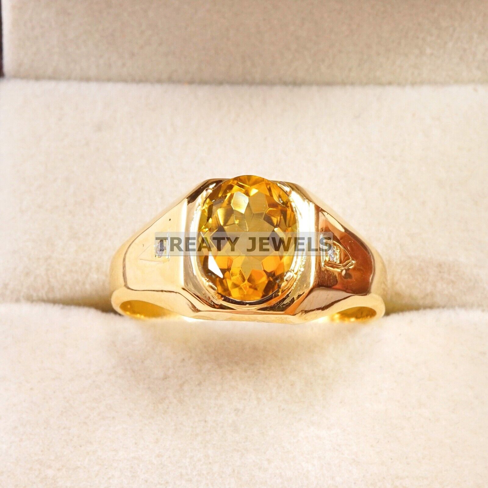 Citrine Oval Cut With 925 Sterling Silver Gold Plated Ring For Men’s #A961