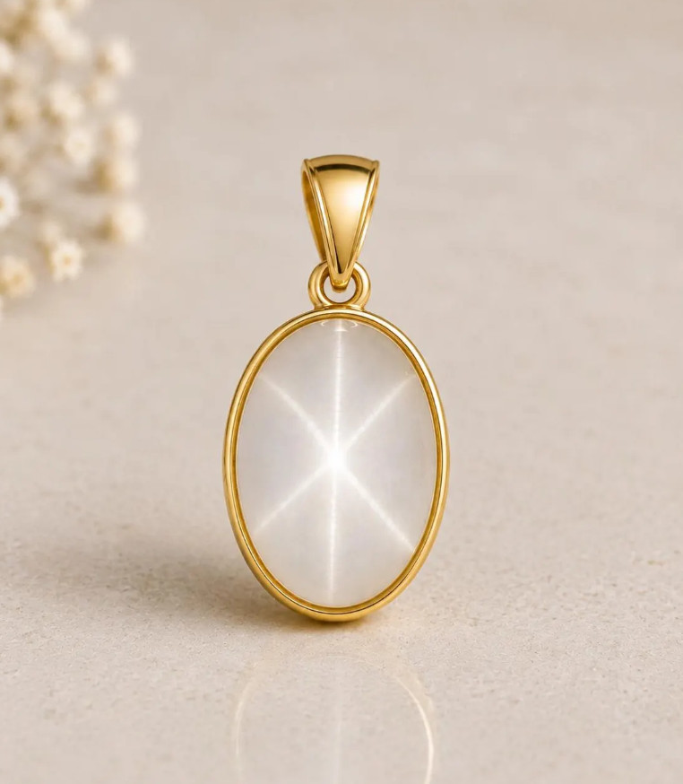 Gold Natural 6 Rays Star White Sapphire Necklace 925Silver Star Sapphire Pendant