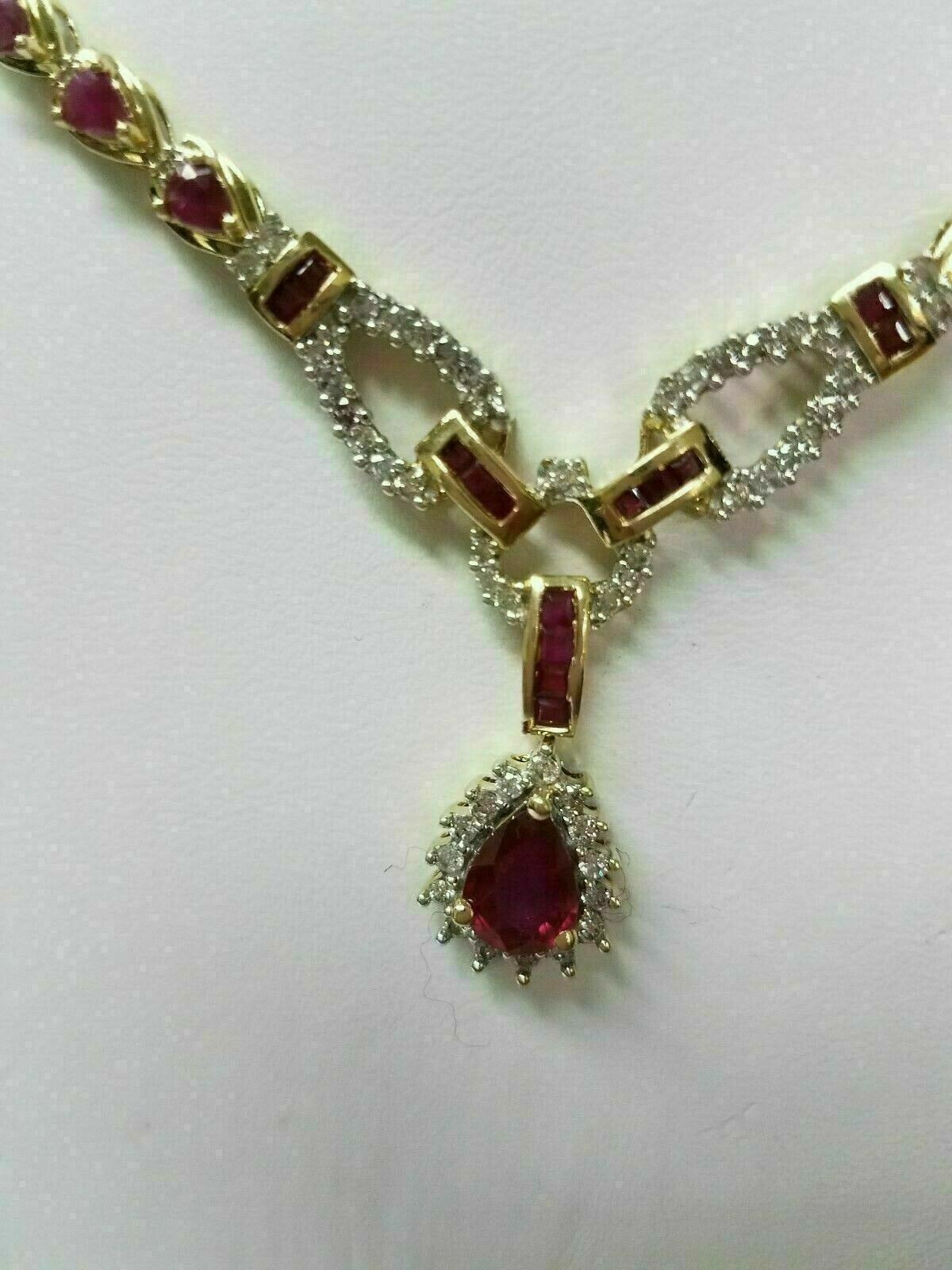 20.00CT Pear Cut Ruby & Diamond Fancy Collar Necklace 14kt Yellow Gold Over