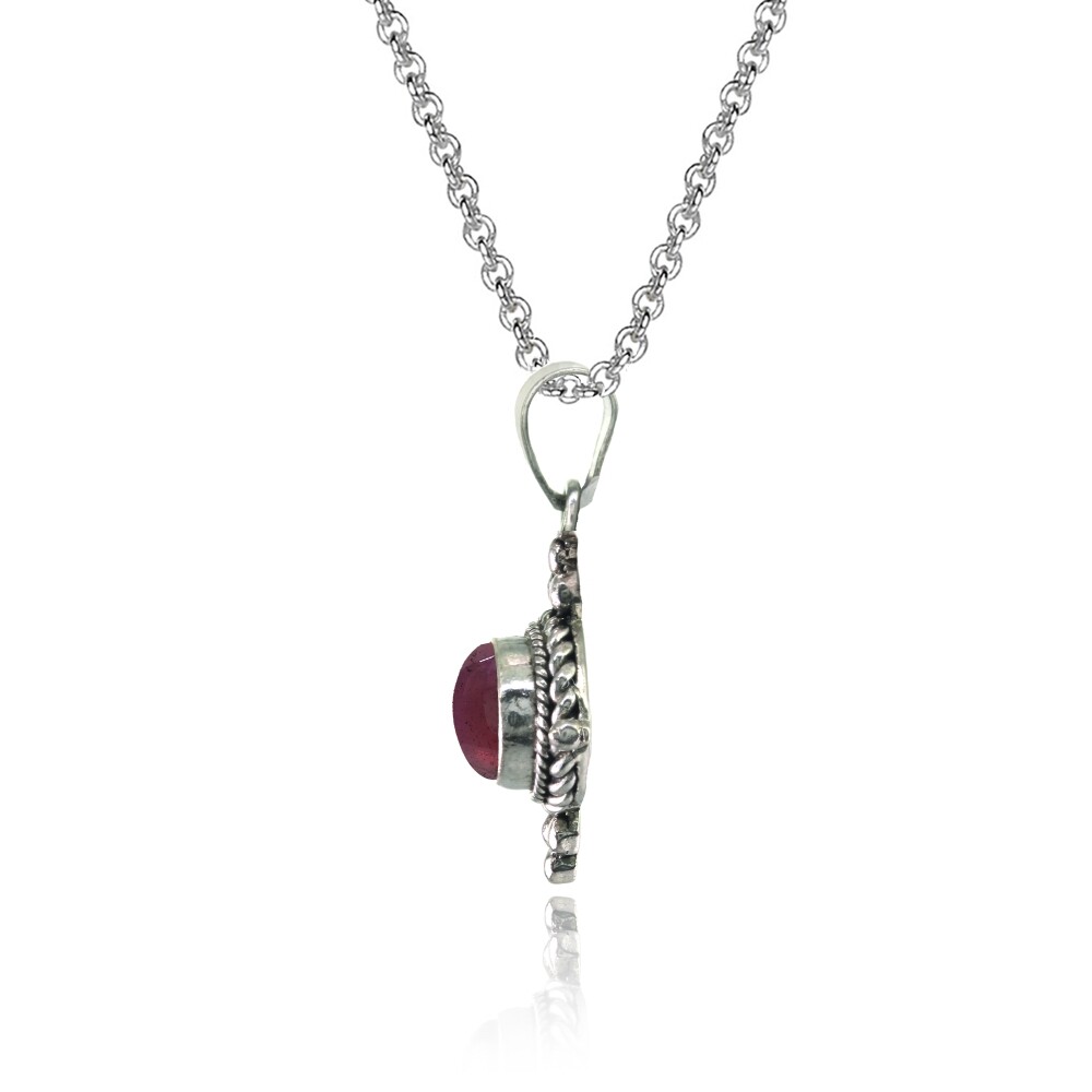 Oval Simulated Cabochon Garnet Bali Bead Twist Rope Necklace in Sterling Silver