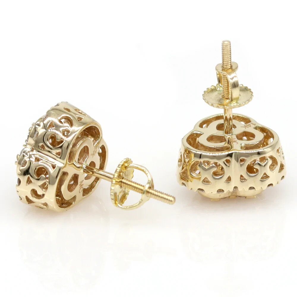 0.89 Carat Round G-H Diamond Micro-pave Clover Earrings Studs in 14k Yellow Gold