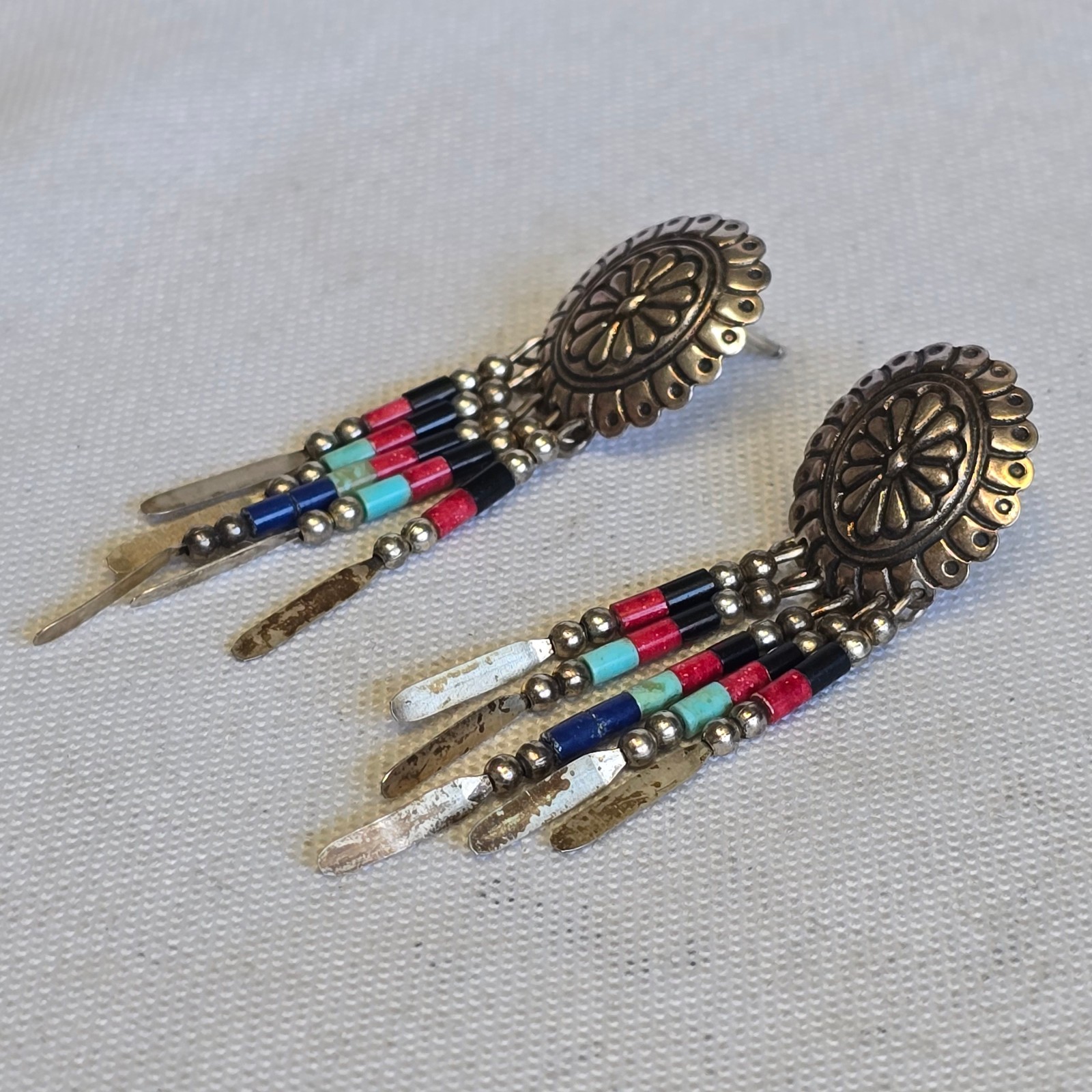 Sterling Silver Earrings 4.38g Fine Jewelry Zuni Semi Precious Stones Look*READ*