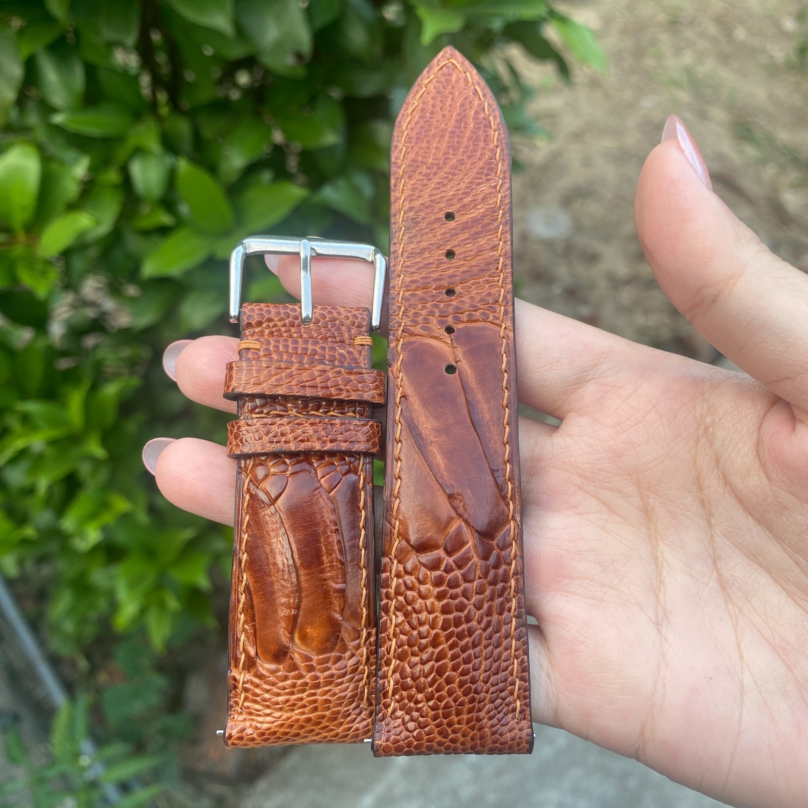Light Brown Ostrich Leather Watch Band Custom Leg Skin Watch Strap Silver Buckle