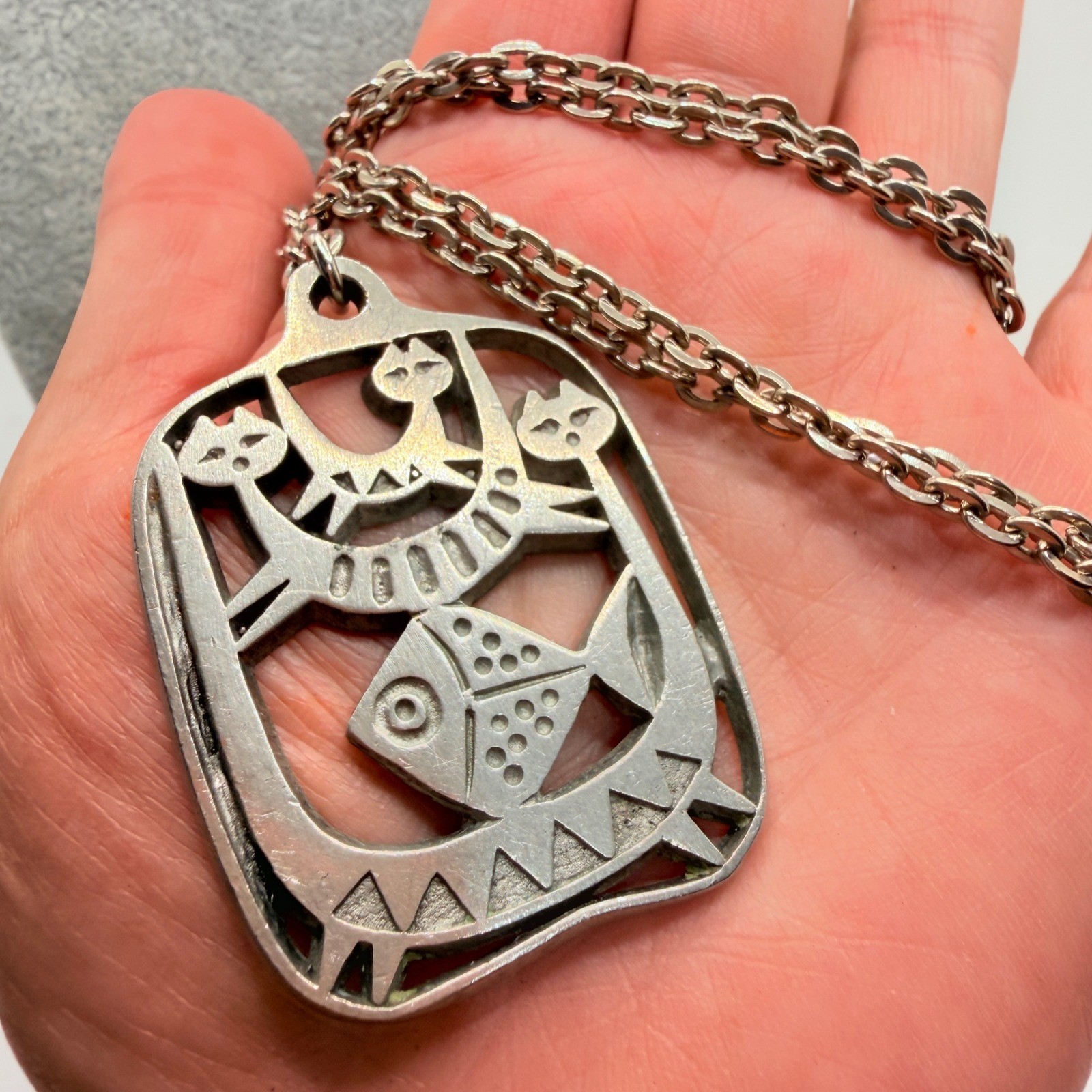 Vintage Sweden MCM Pewter Cats Fish Pendant Necklace Silver Tone Folk Art