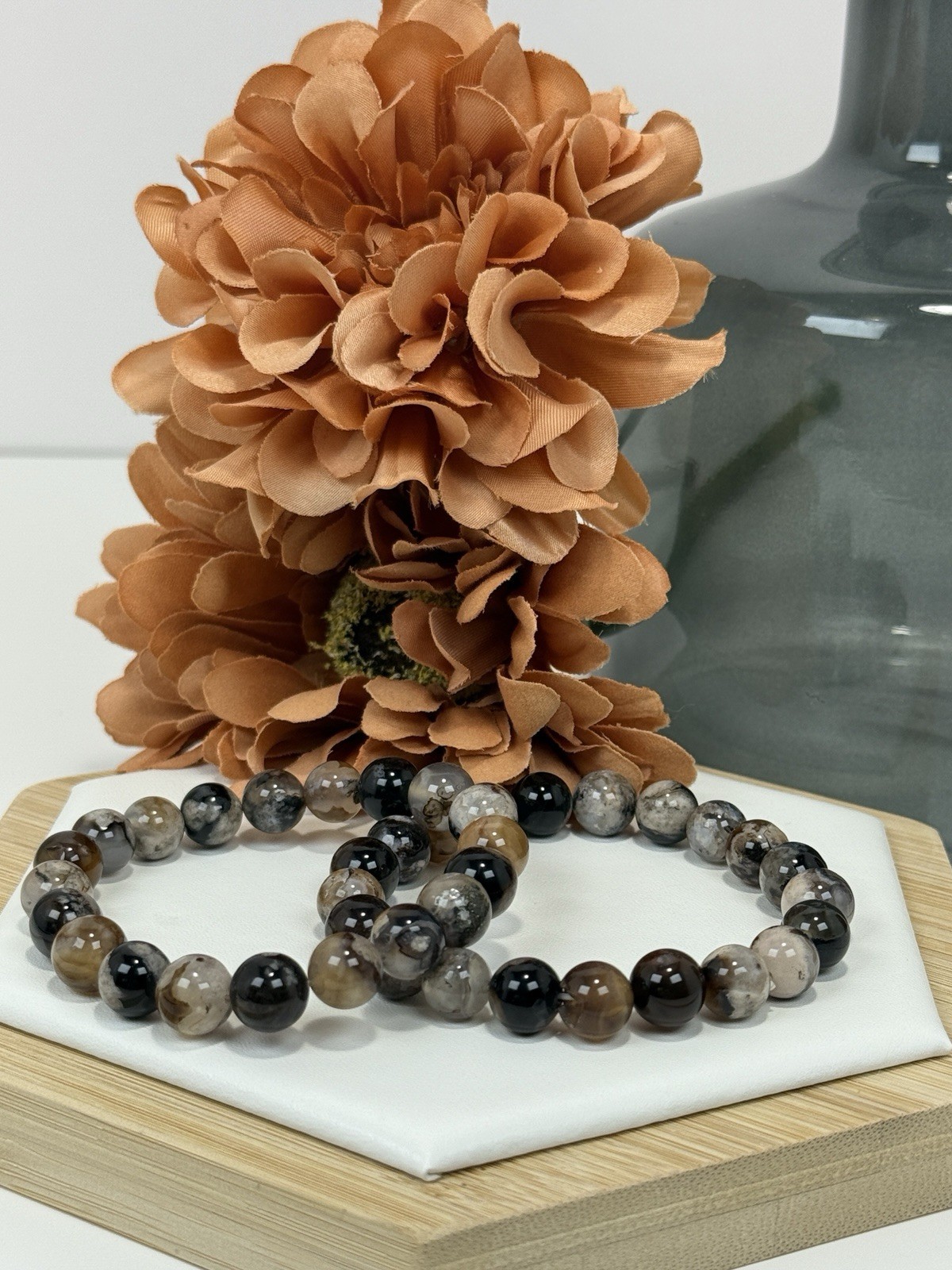 Flower Agate Black Bead Bracelet 9.7MM x2