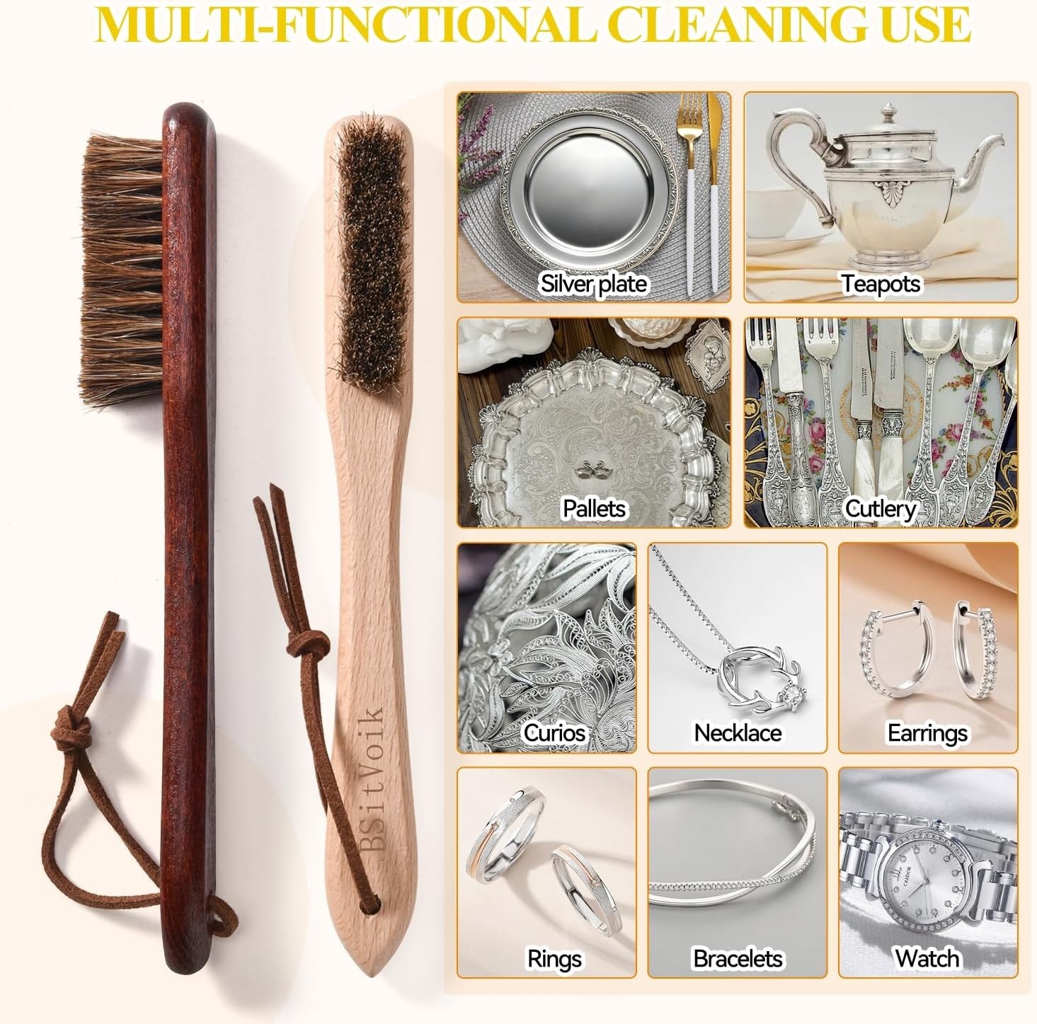Effortless Shine with Horsehair Brush and Polishing Cloth Set for Silver Items
