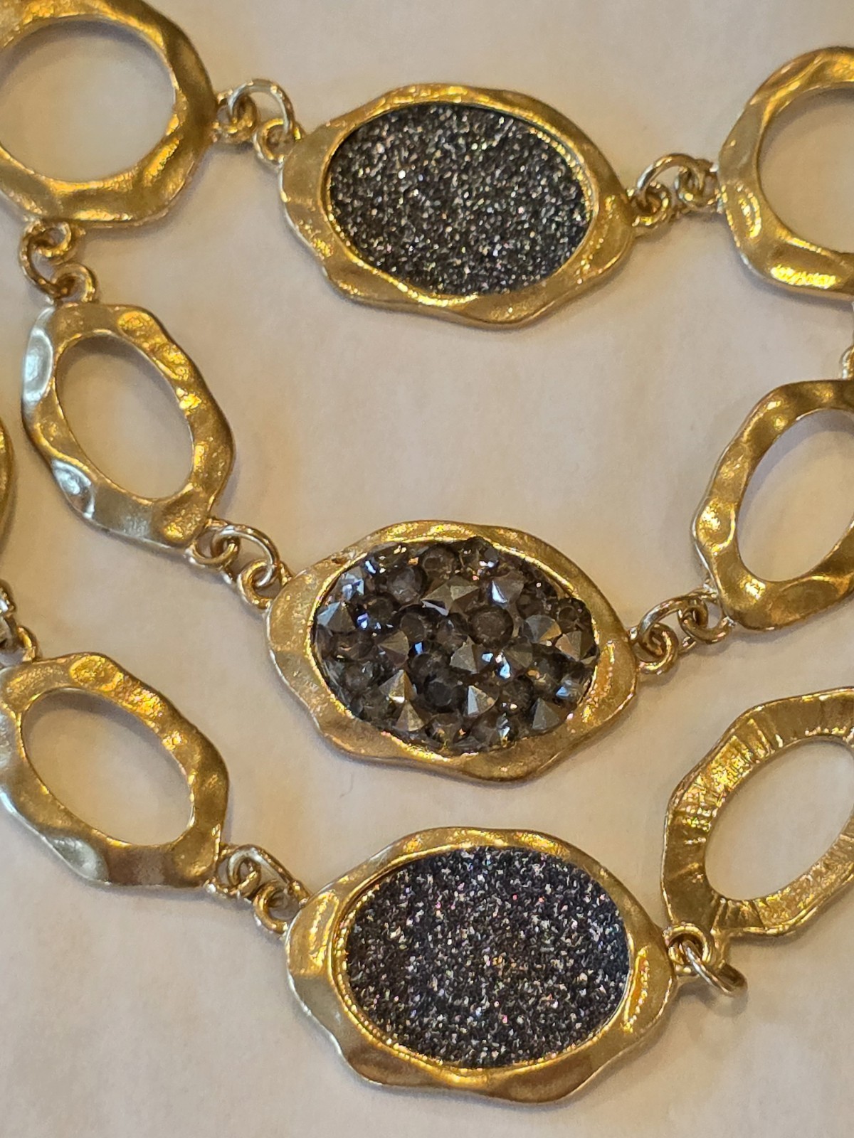 Sparkly Layered Charcoal Gray Bicone Glass Bead Station Necklace Gold Tone Chain