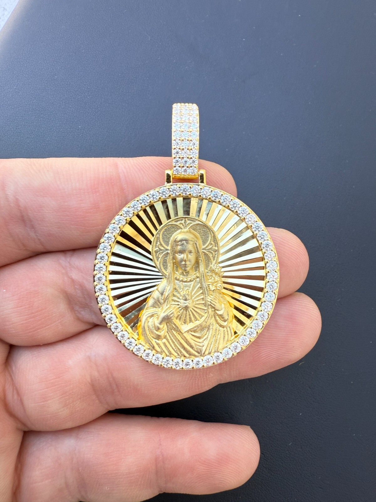 MOISSANITE Virgin Mary Round Medallion Pendant Real 925 Silver / Gold Necklace