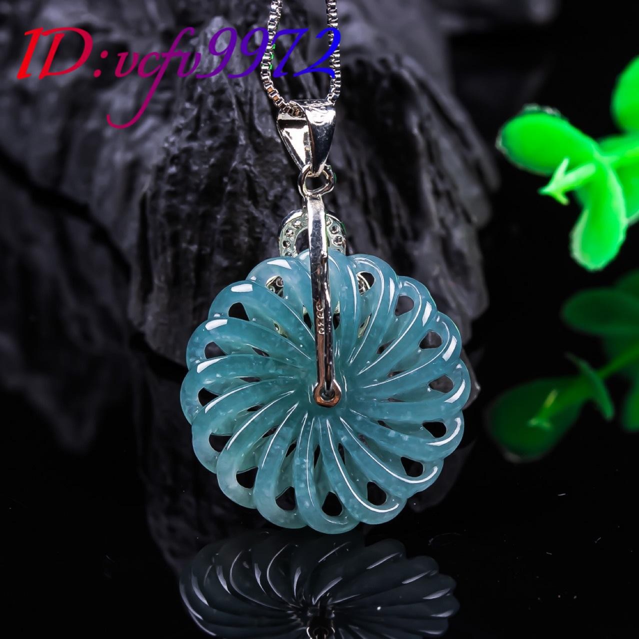 Myanmar Jadeite Flower Pendant Necklace Accessories Amulet 925 Silver Real Jade