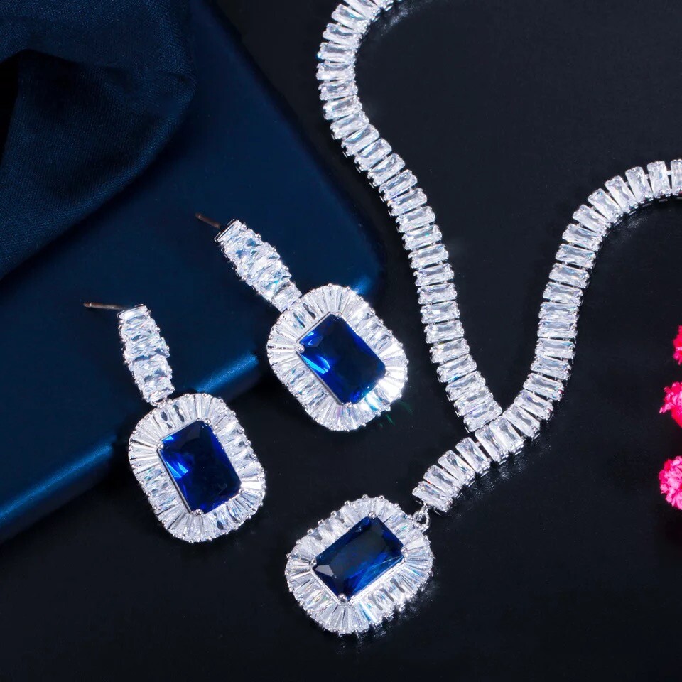 ZARD Bridal Statement Tennis Necklace and Earrings Set in Blue Emerald Cut CZ