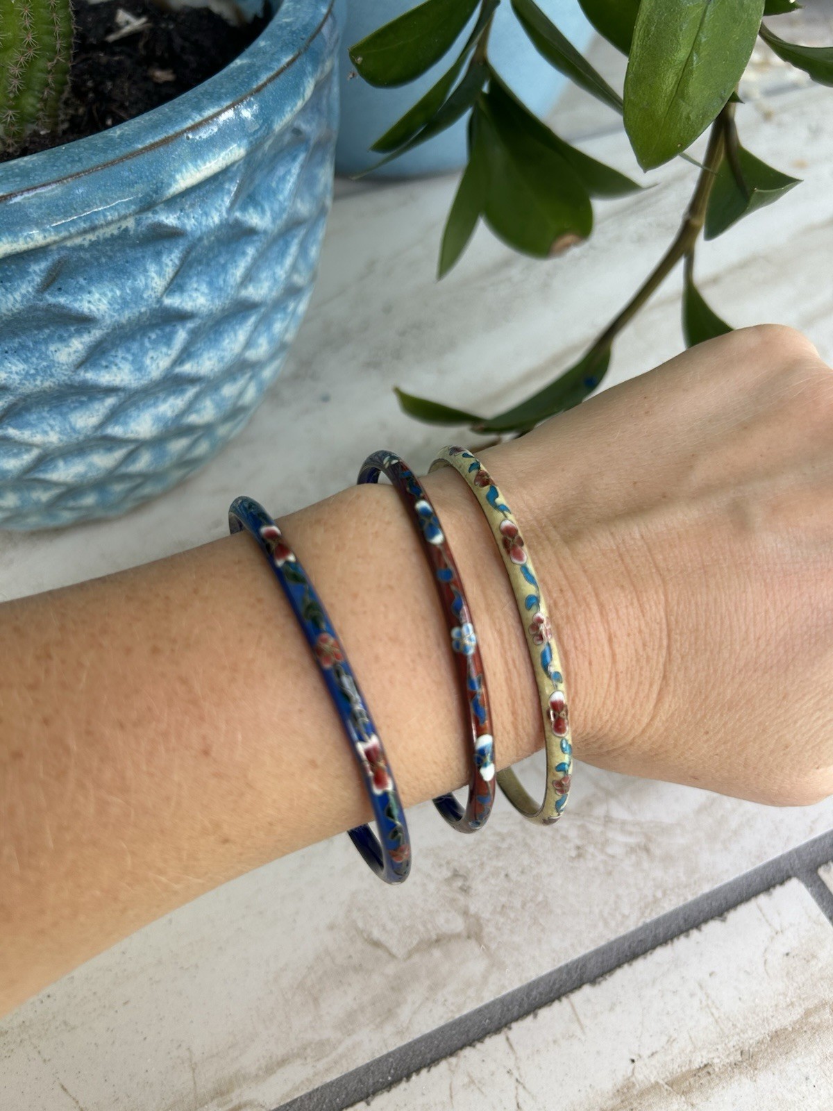 Boho Enameled Cloisonné Bangle Bracelet Set of 3 Round No Closure