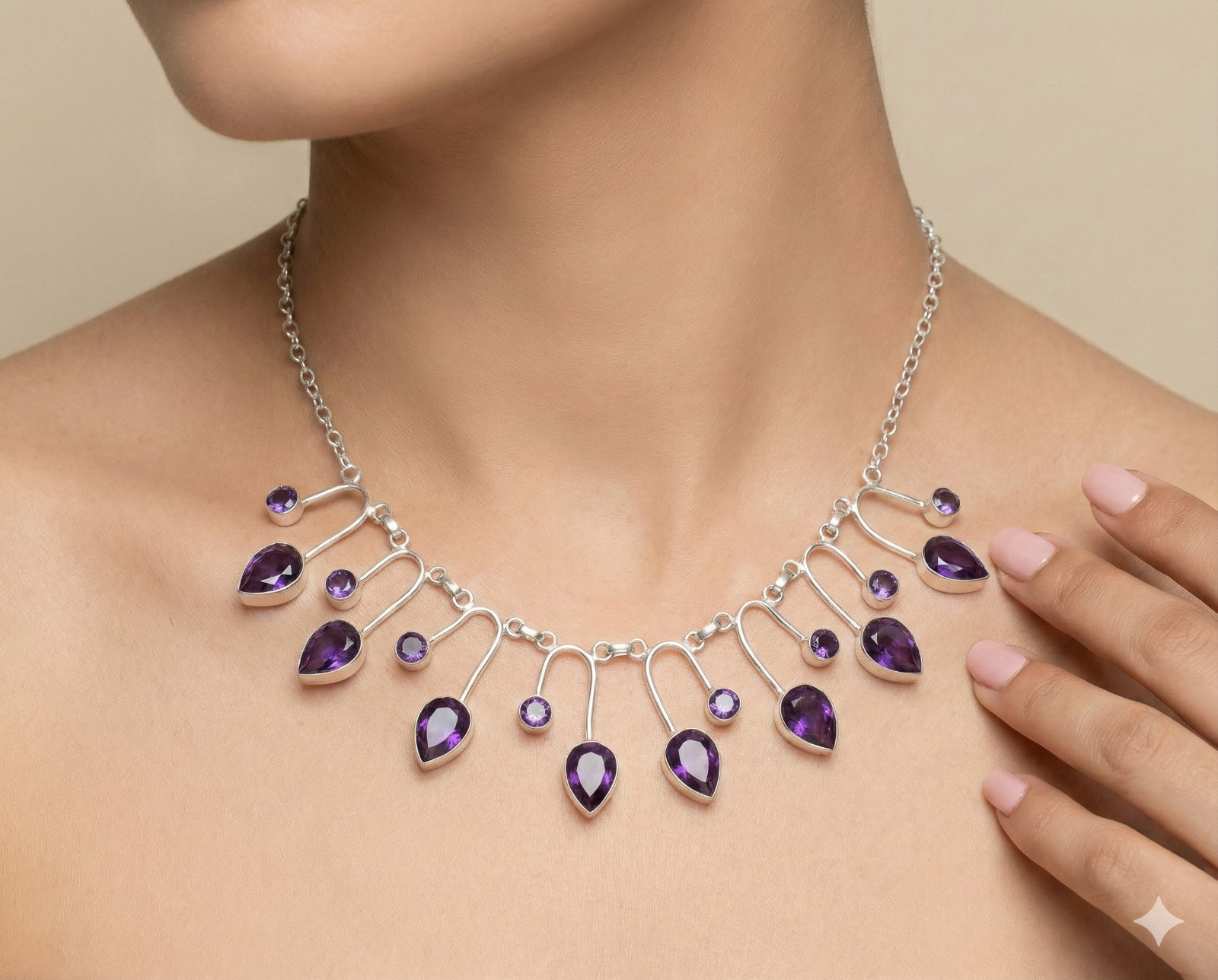 925 Sterling Silver Purple Amethyst Gemstone Handmade Jewelry Necklace S-18″