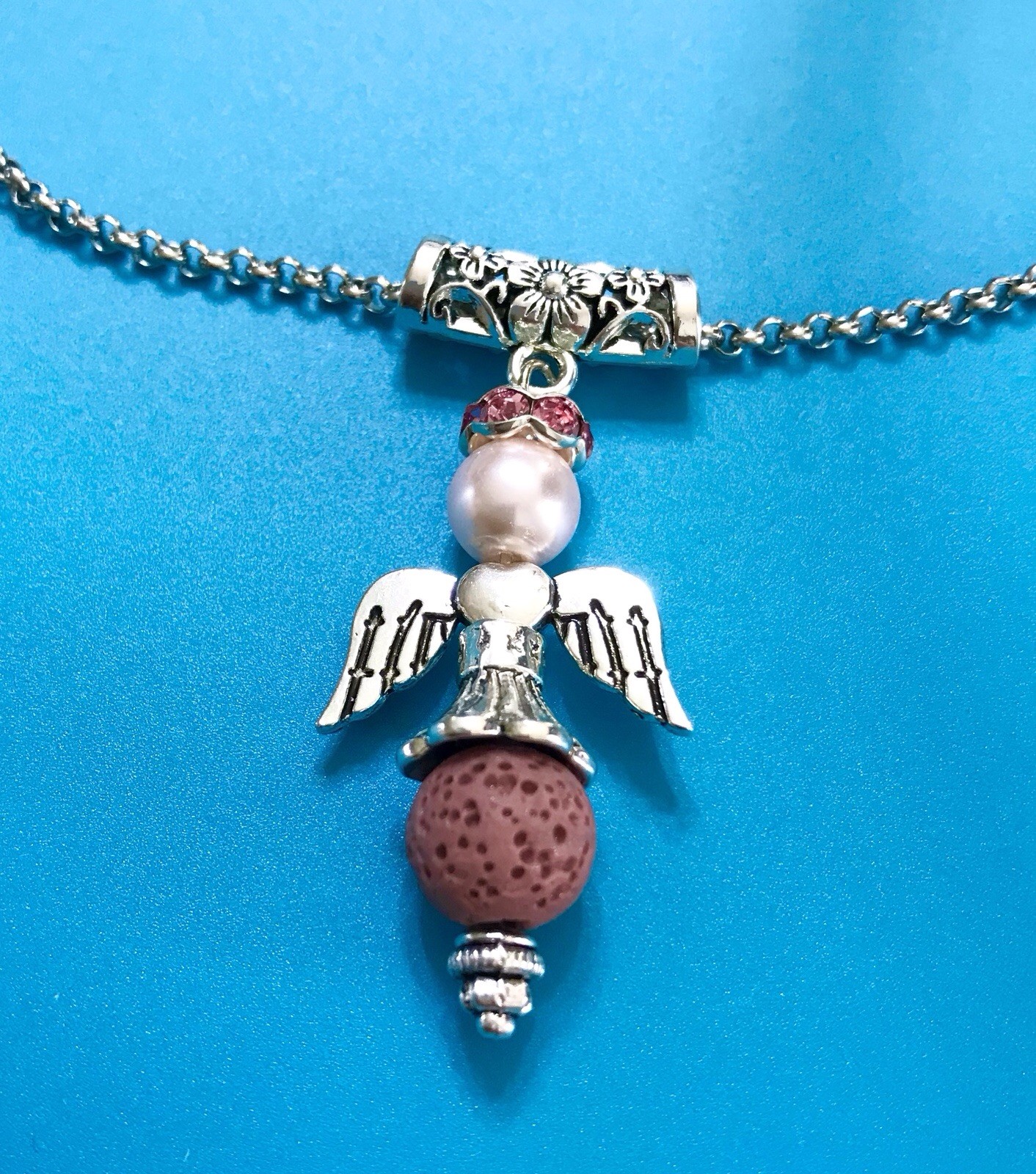 Handmade Diffuser Angel Wing Mauve Lava Bead Pink Glass Pearl Pendant Rolo Chain