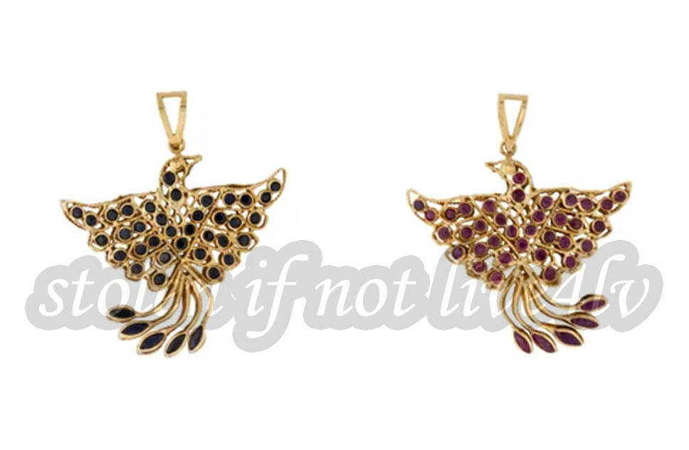 Estate Sapphire and Ruby Reversible Bird Pendant 18KT Yellow Gold