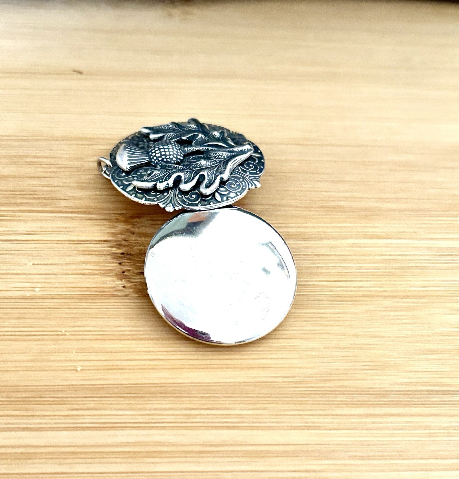 Thistle Hidden Locket Necklace, Silver Celtic Vintage Pillbox Stash Box Pendant