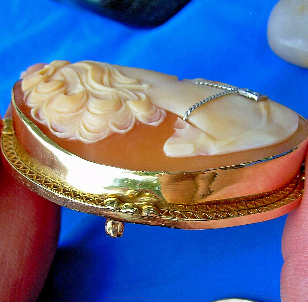 Original EARTH MINED DIAMOND Deco Antique Victorian SOLID 14K GOLD Cameo Broach