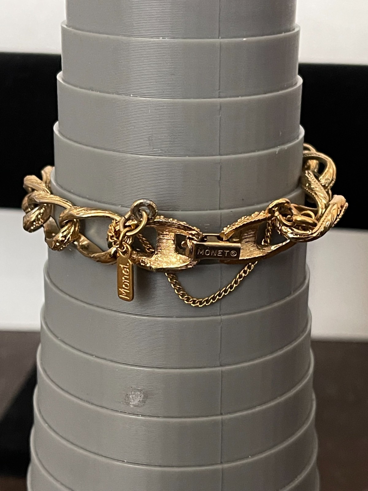 Vintage Monet Bracelet Textured Gold Tone Chain Link Signed & Marked with Safety