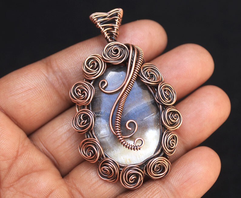 Flower Design Copper Wire Wrap Pendant Jewelry Green Zebra Jasper Gemstone N321