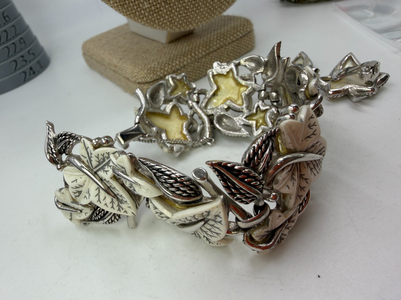 Vintage Boucher Necklace Bracelet Earrings Set White Leaf Silvertone Lot LX
