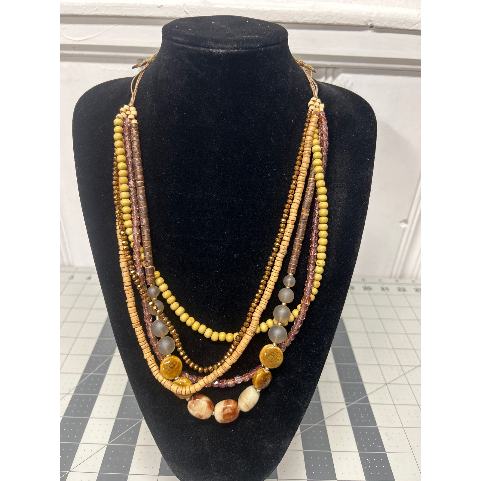 Multi Strand Cord Beaded Statement Necklace Wood Beads Earth Tones Natural Boho
