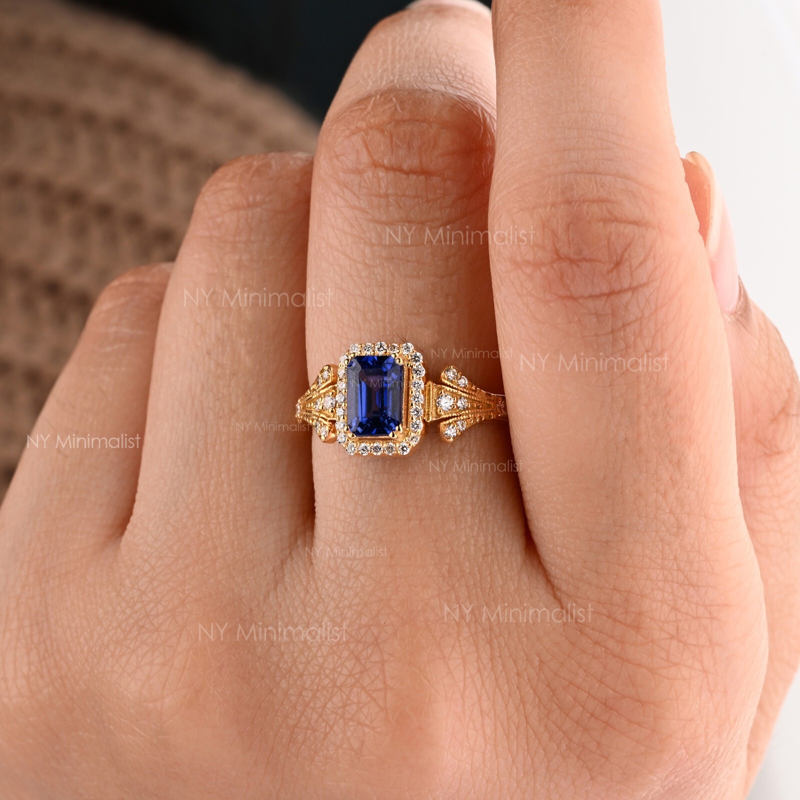 14K Solid Gold Natural Emerald Cut Diffused Blue Sapphire & Diamond Halo Ring