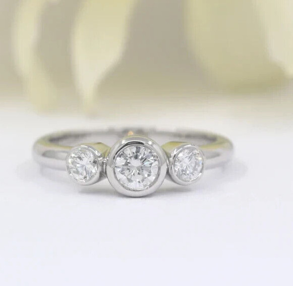 Diamond 2Ct Bezel Set Lab Created Engagement 3-Stone Ring 14K White Gold Plated