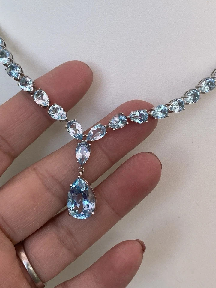 30ctw Pear Cut Sky Blue Topaz Statement 16″ Tennis Necklace White Gold Plated