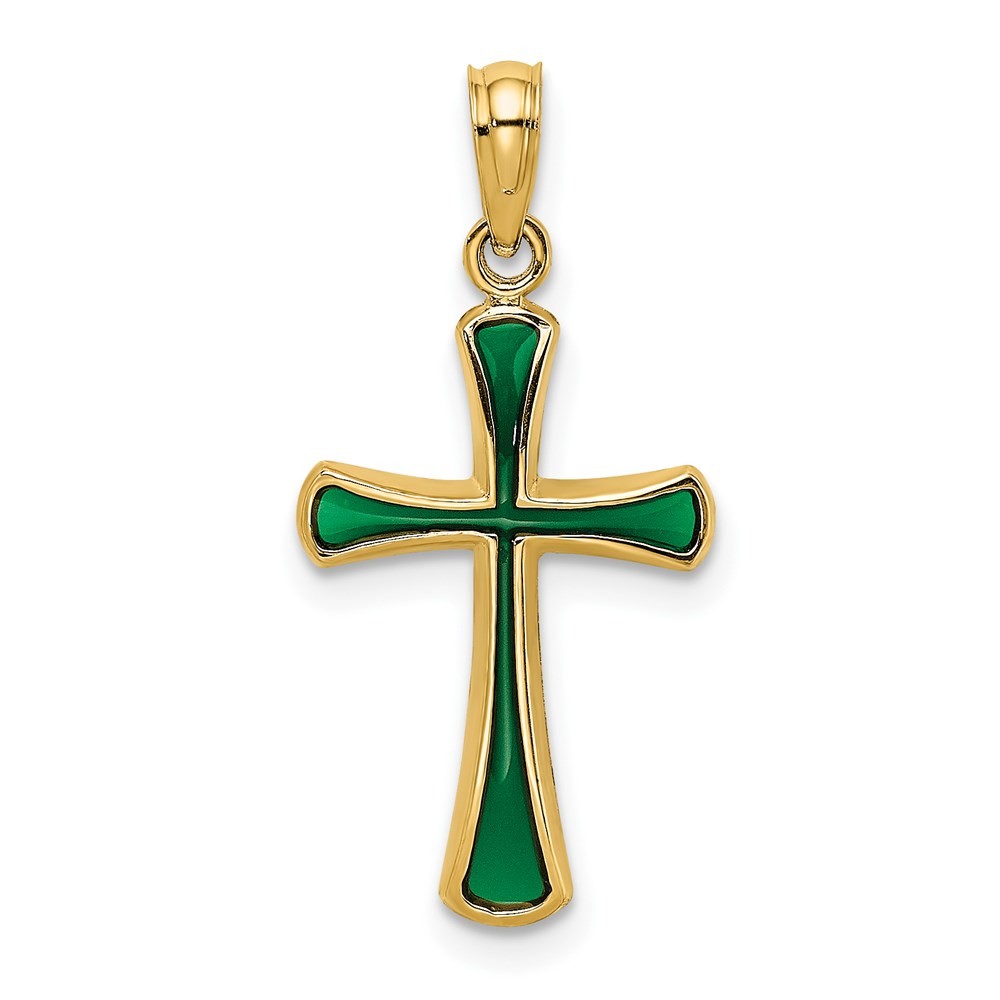 14K Yellow Gold Green Enameled Tapered Cross Charm Pendant L-19.2 mm, W-13 mm