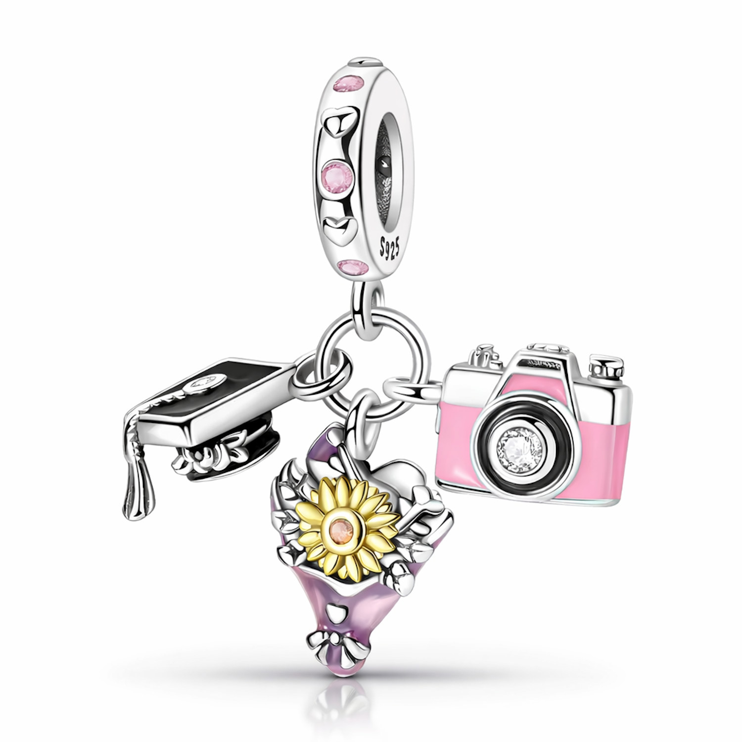 MariaFonte Charm Graduation Hat Flowers Photo Capture Life 925 Silver Compatible