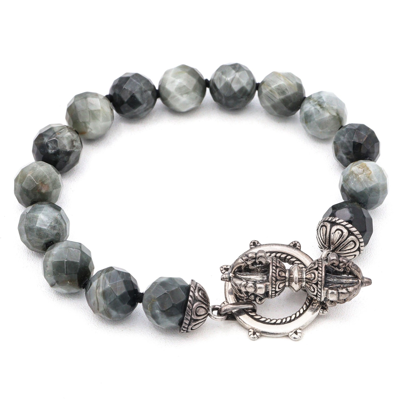 Sterling Silver Gray Hawk Eye Quartz Faceted Beaded Bracelet