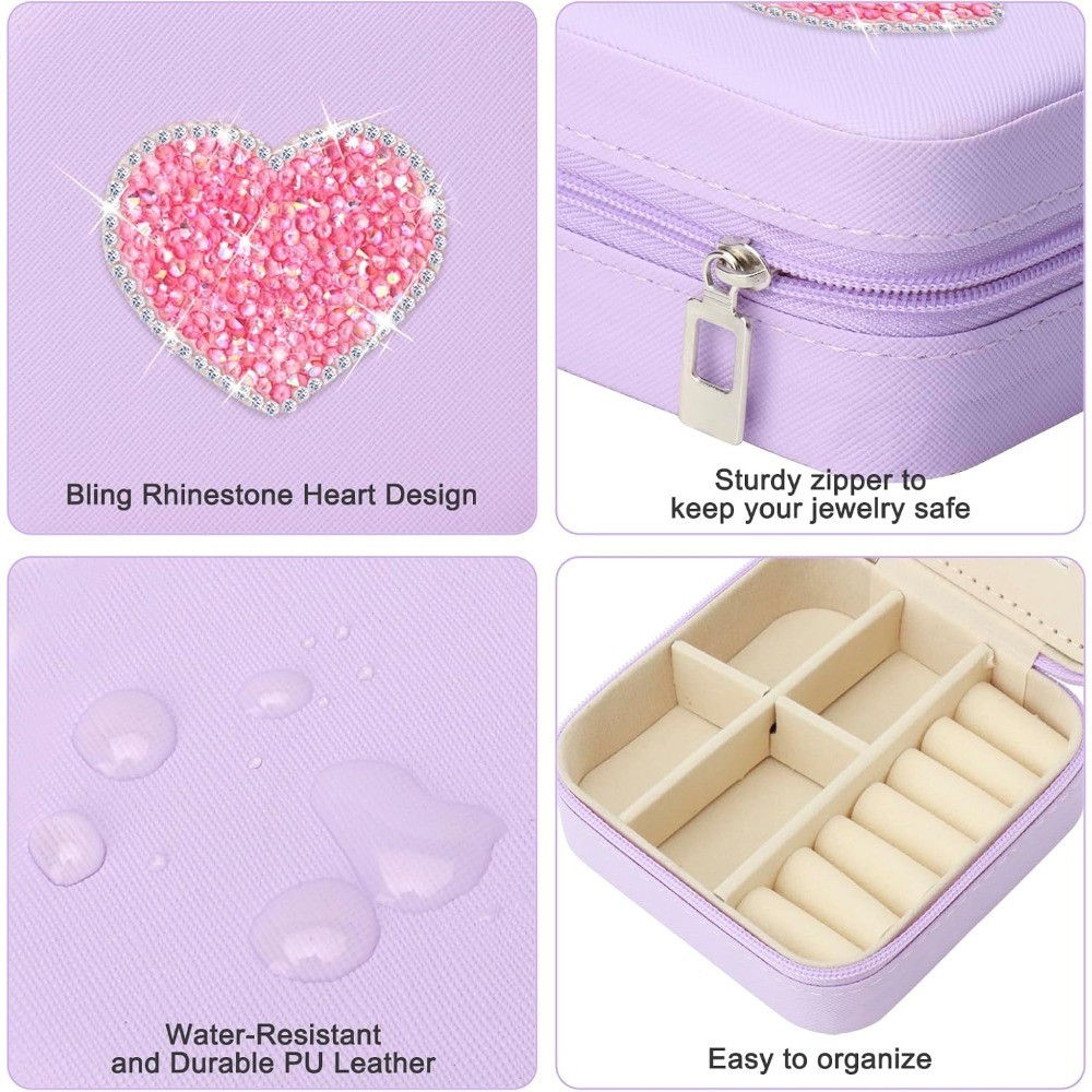 Sparkly Rhinestone Heart Jewelry Box for Girls Women,Glitter Travel Jewelry Case