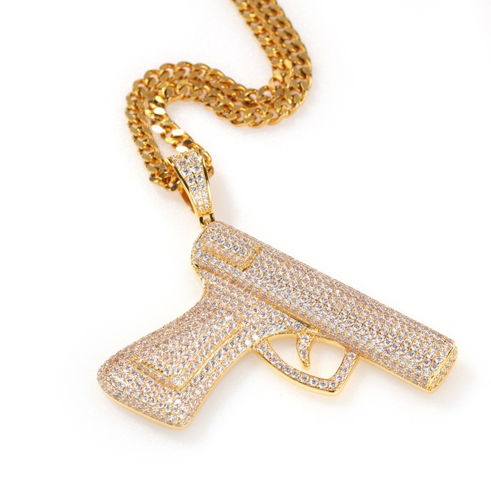 Hip Hop Iced CZ Bling Pistol Gun Pendant Necklace Chain Mens Fashion Jewelry