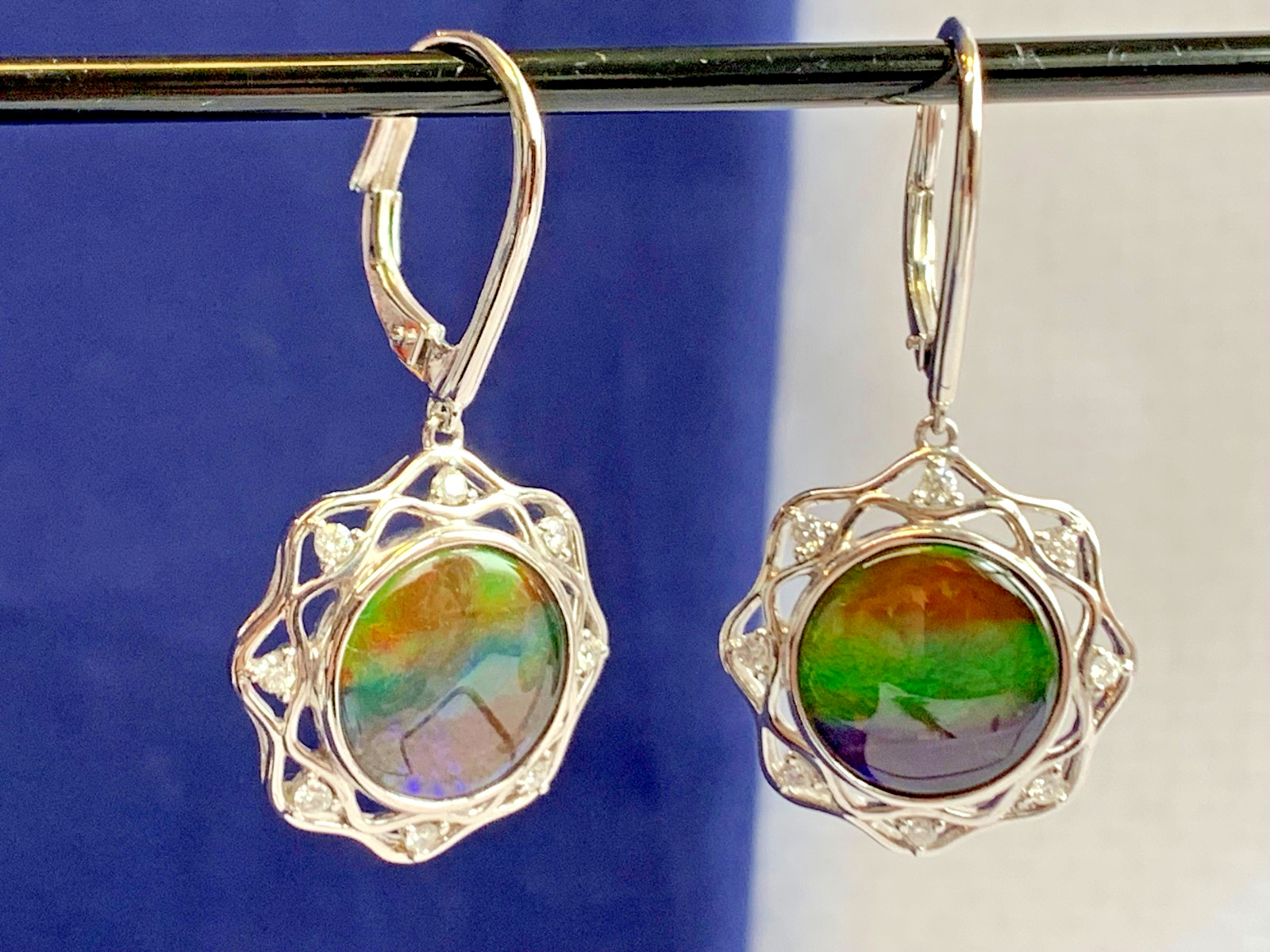 14K White Gold Iridescent Ammolite Earrings 9.54g Jewelry Clear Stones *READ*