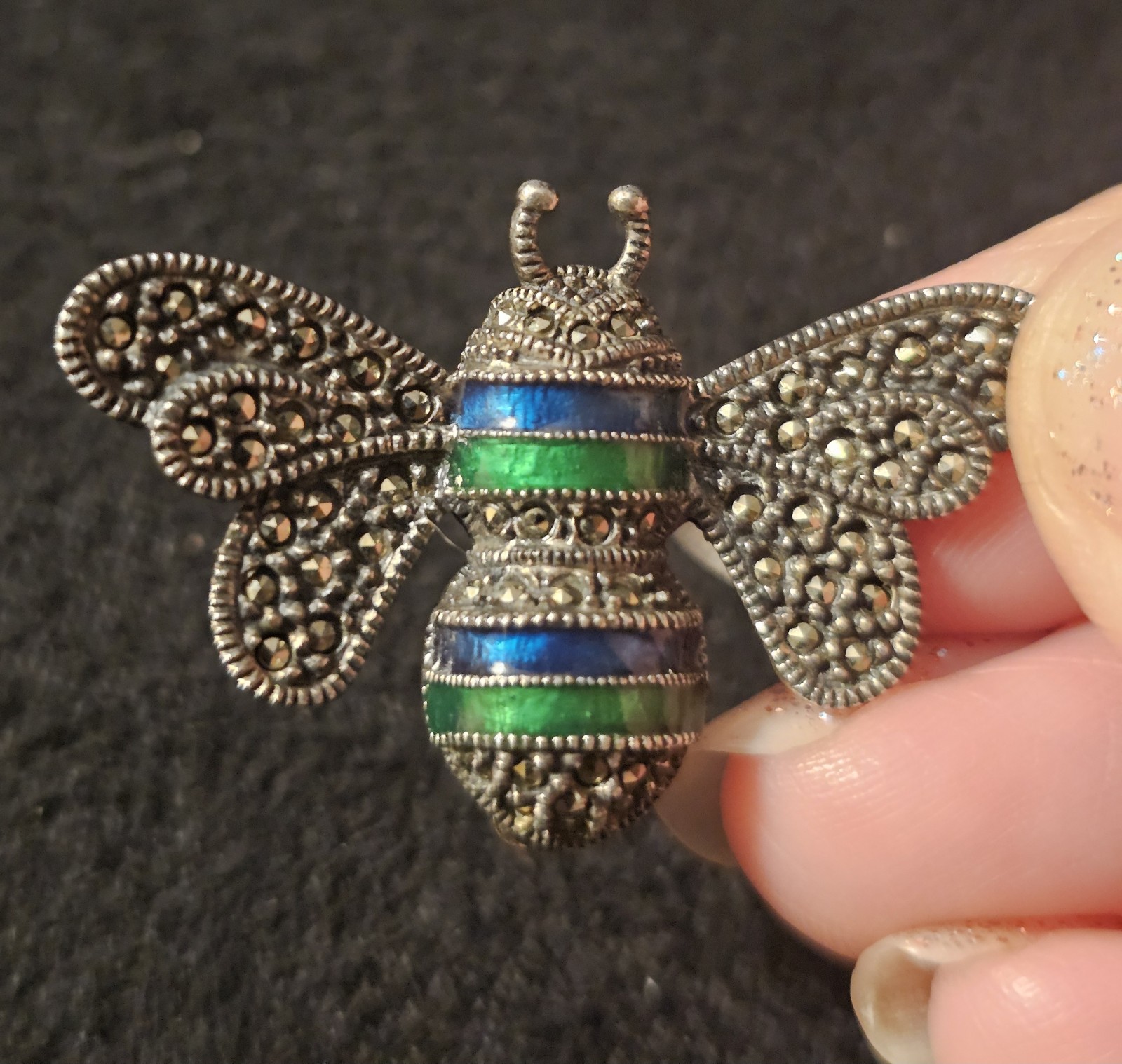 Vintage Sterling Silver Bee Brooch Blue Green Enamel 1.5″ 5.57g